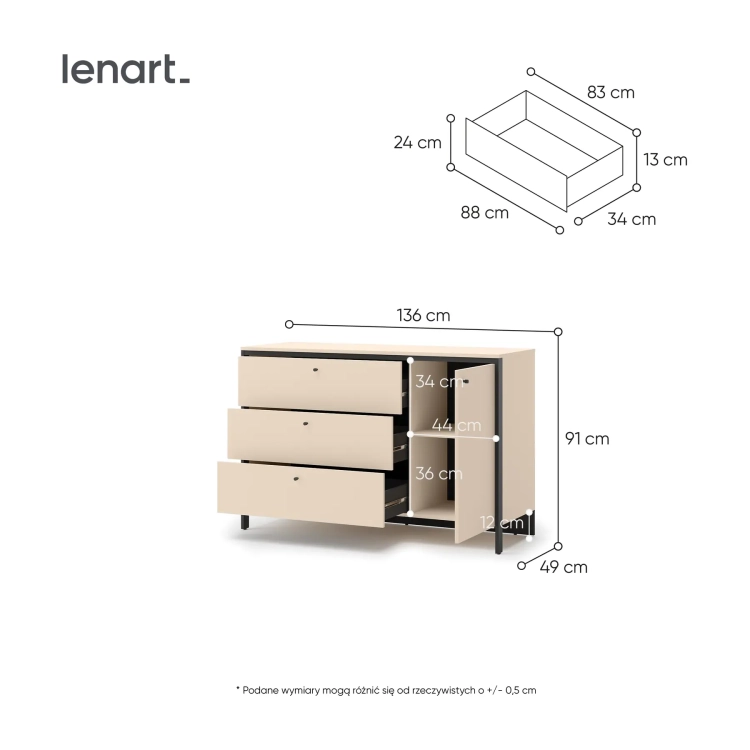 Komoda ENNA EN-04 136 cm 1D3S z LED – wymiary – Lenart