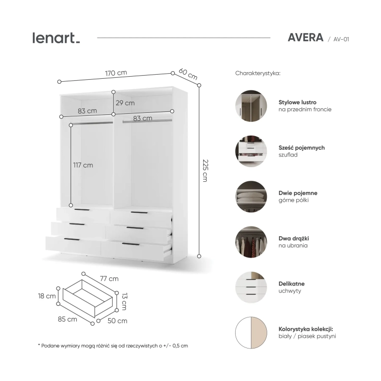 Szafa AVERA AV-01 4-drzwiowa z 6 szufladami – biały Lenart, kolor biały – widok 6