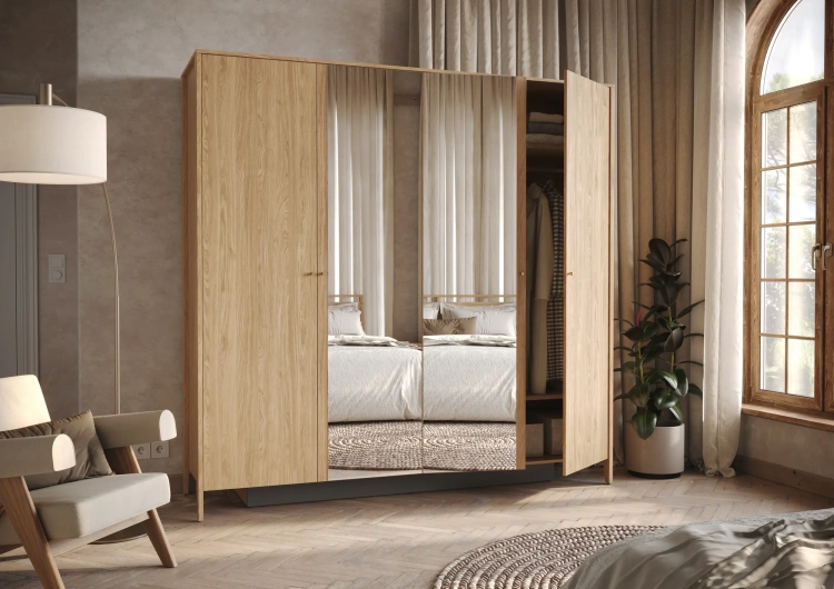 Szafa COZY CZ-01 4-drzwiowa – dąb olejowany Lenart w aranżacji sypialni – zdjęcie 1