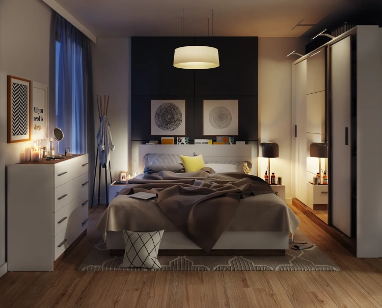 Stolik nocny DENTRO DT-03P z szufladą – biały/dąb Stirling Lenart w aranżacji sypialni – zdjęcie 1