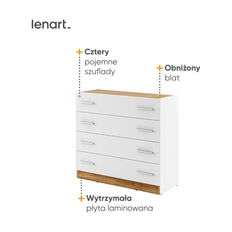 Komoda DENTRO DT-04 z 4 szufladami – biały/dąb Stirling Lenart, kolor biały/dąb Stirling – widok 2
