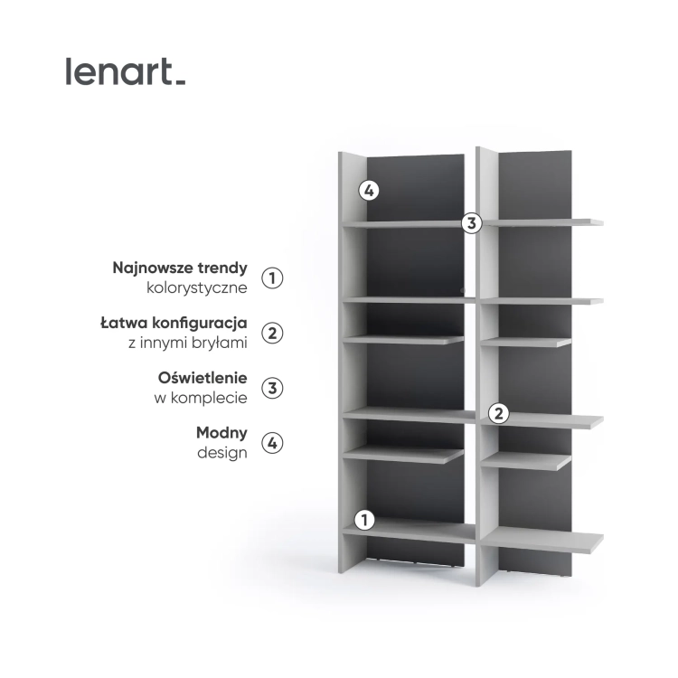 Regał FITT FL-01L lewy z oświetleniem LED – metalic ciemny/metalic jasny Lenart, kolor metalic ciemny/metalic jasny – widok 3