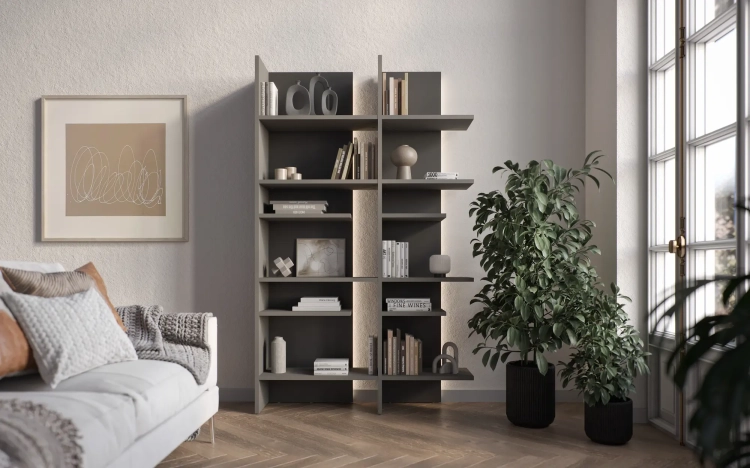 Regał FITT FL-01L lewy z oświetleniem LED – metalic ciemny/metalic jasny Lenart w aranżacji salonu – zdjęcie 1