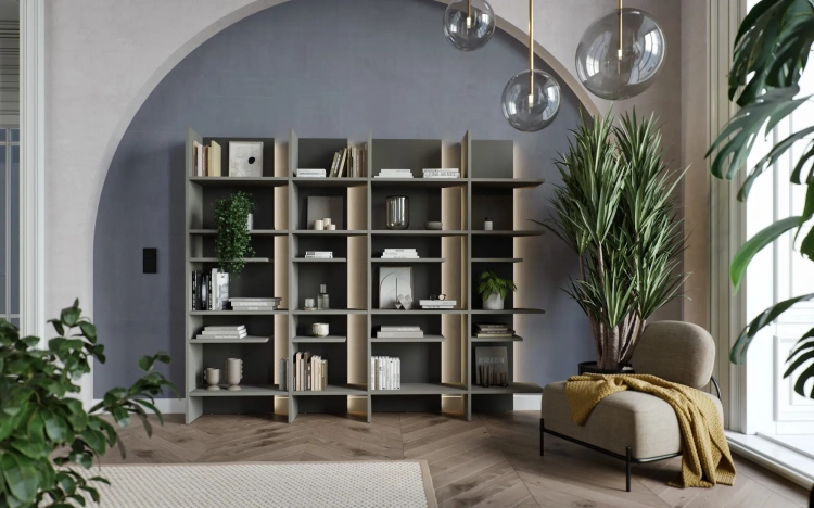 Regał FITT FL-01L lewy z oświetleniem LED – metalic ciemny/metalic jasny Lenart w aranżacji salonu – zdjęcie 2