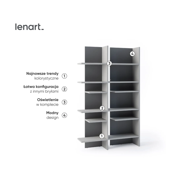 Regał FITT FL-01P prawy z oświetleniem LED – metalic ciemny/metalic jasny Lenart, kolor metalic ciemny/metalic jasny – widok 3