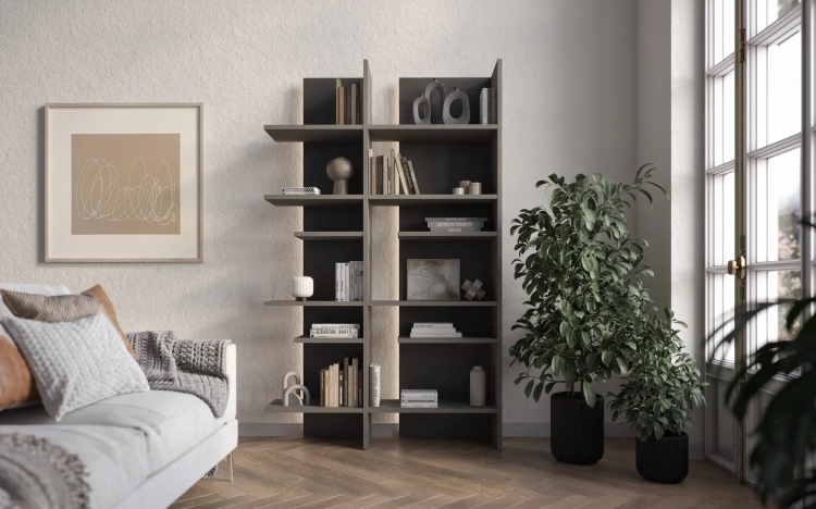 Regał FITT FL-01P prawy z oświetleniem LED – metalic ciemny/metalic jasny Lenart w aranżacji salonu – zdjęcie 1