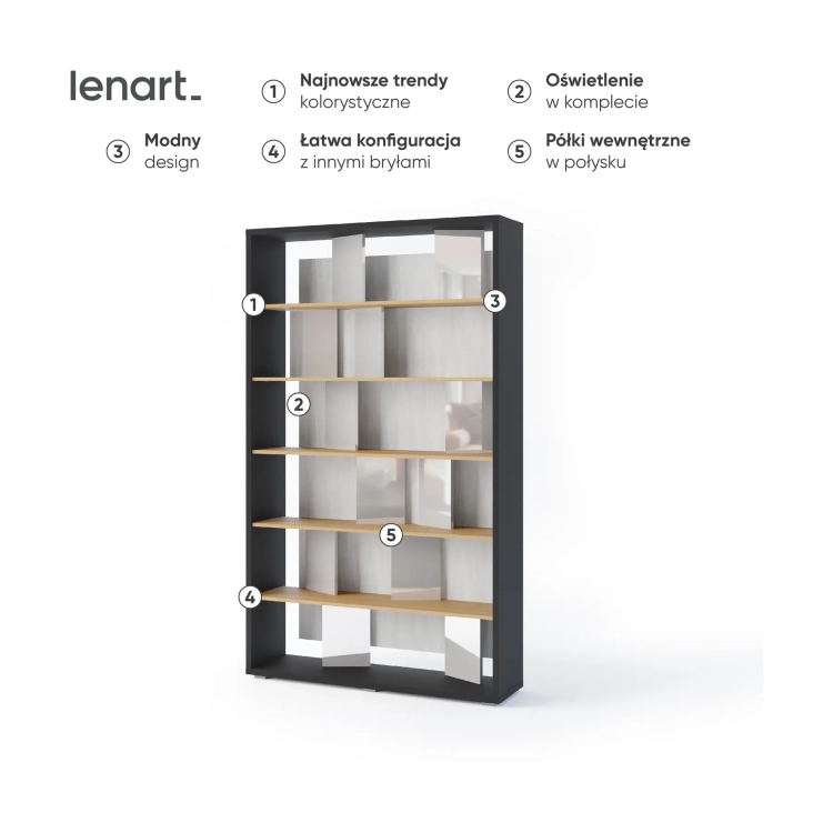 Regał FITT FP-01 z oświetleniem LED – grafit/dąb linearny/natura/szary połysk Lenart, kolor grafit/dąb linearny/natura/szary połysk – widok 3