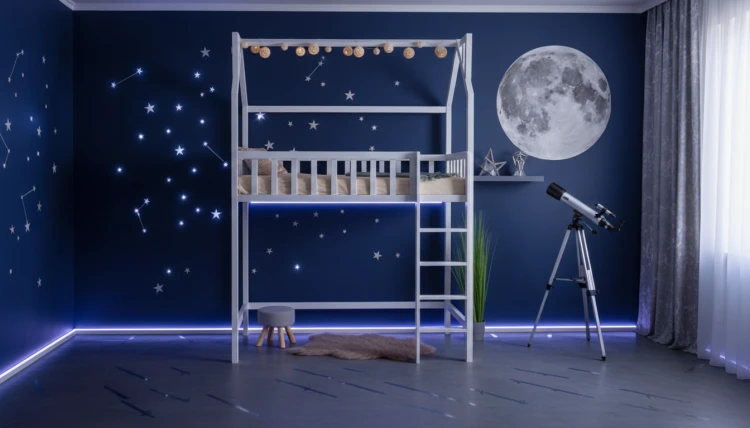Łóżko na antresoli Moon w aranżacji pokoju z motywem kosmosu