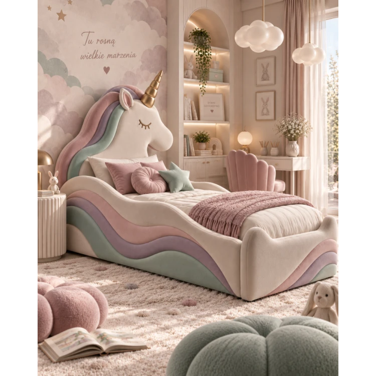 łóżko tapicerowane pastelowe jednorożec unicorn idealne dla dziewczynki