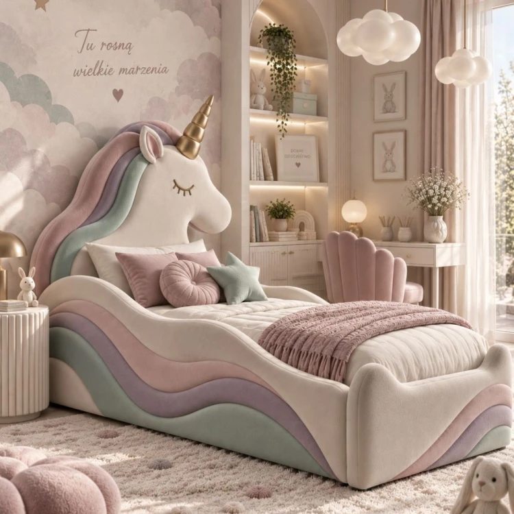 łóżko tapicerowane pastelowe jednorożec unicorn idealne dla dziewczynki
