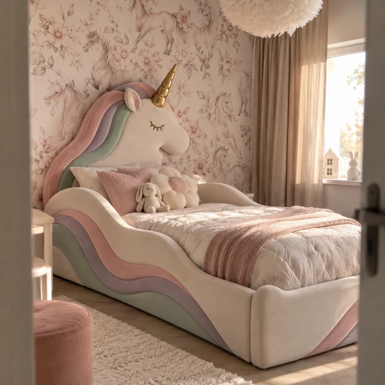 łóżko tapicerowane pastelowe jednorożec unicorn idealne dla dziewczynki