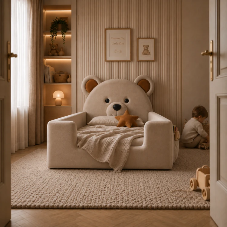 łóżko dziecięce TEDDY MINI 80×160 z tapicerowanym zagłówkiem w kształcie misia