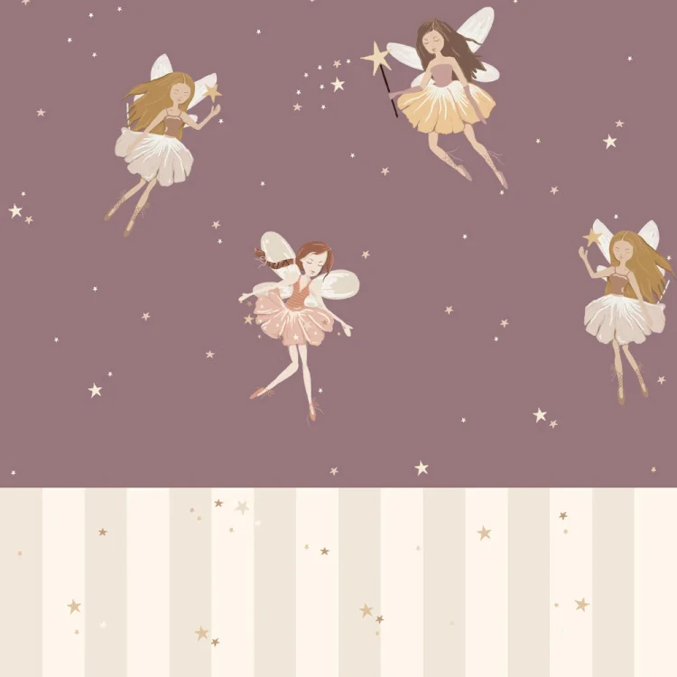 Tapeta Dekornik Fairies Plum and Stripes – wróżki i pasy w odcieniu śliwki