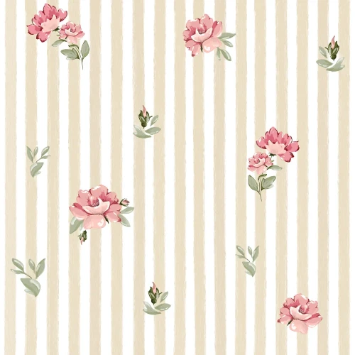 Tapeta Dekornik Pink Roses on Stripes – różowe róże na beżowych paskach