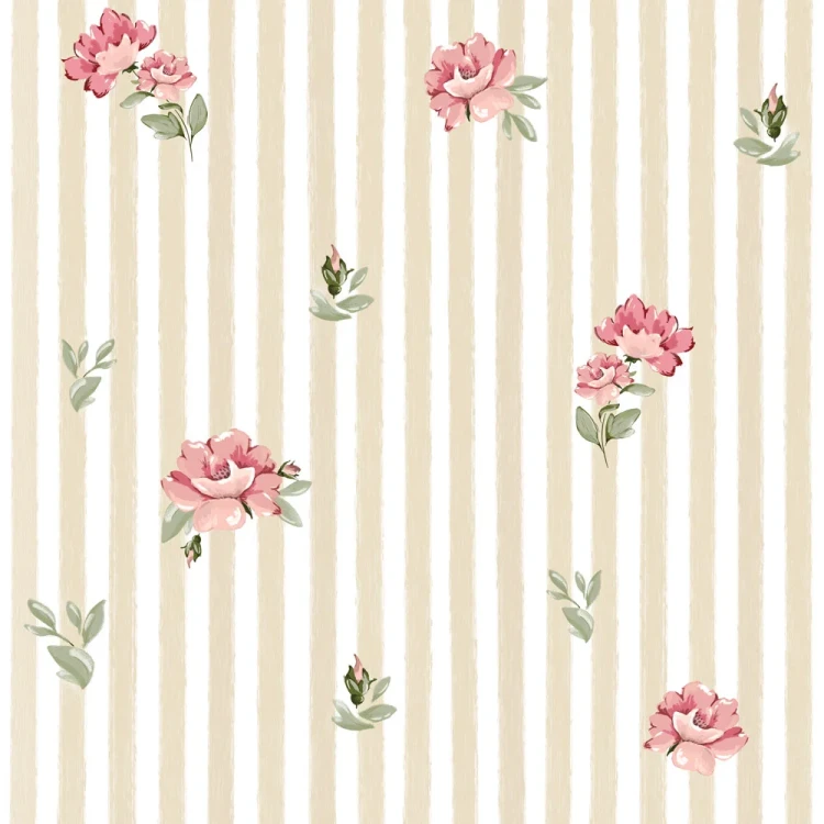 Tapeta Dekornik Pink Roses on Stripes – różowe róże na beżowych paskach