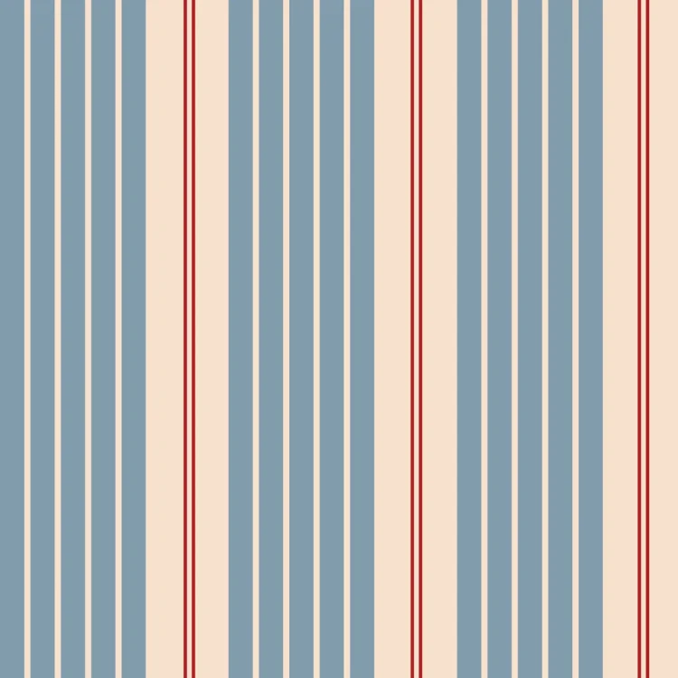 Tapeta Dekornik Stripes Classic Blue – klasyczny wzór niebieskich i czerwonych pasów na beżu