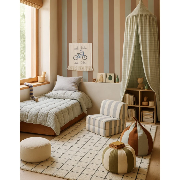 Jasne wnętrze z tapetą Dekornik Stripes Four Natural w naturalnych kolorach