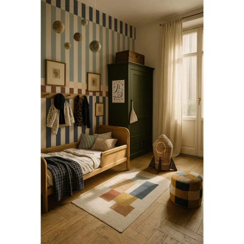 Pokój z tapetą Dekornik Navy Blue and Mint – granatowe pasy i miętowa góra