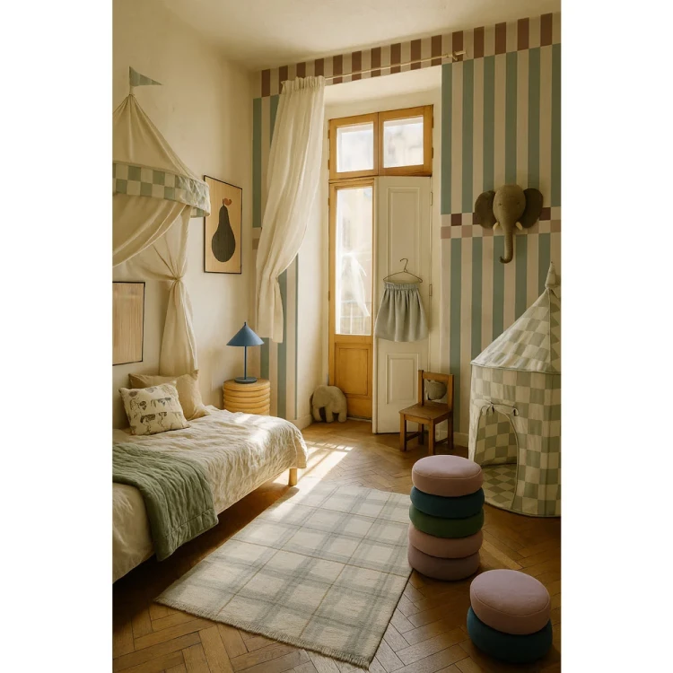 Jasne wnętrze z tapetą Dekornik Stripes Happy Green and Cherry