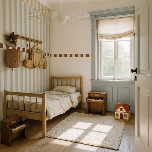 Jasny pokój z tapetą Dekornik Stripes Nostalgia Beige Blue przy oknie
