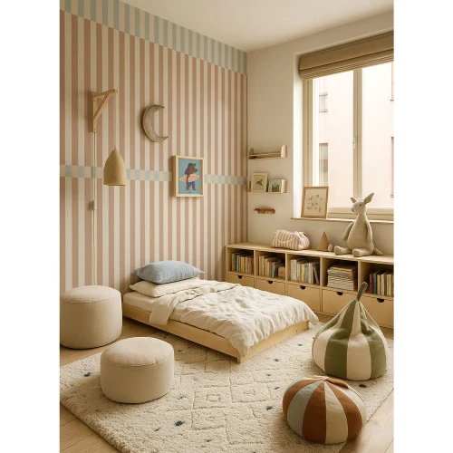 Jasny pokój z tapetą Dekornik Stripes Nostalgia Brown Blue Vintage