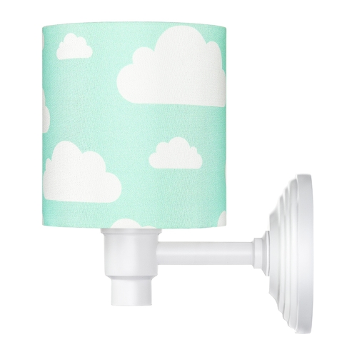 Kinkiet miętowy w chmurki Mint Clouds – urocza lampka nocna ścienna dla chłopca i dziewczynki, idealna do pokoju dziecięcego, przedszkola i żłobka, wykonana z bawełny i drewna bukowego.