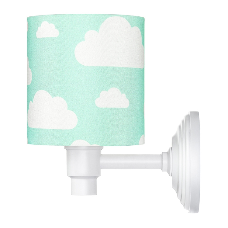 Kinkiet miętowy w chmurki Mint Clouds – urocza lampka nocna ścienna dla chłopca i dziewczynki, idealna do pokoju dziecięcego, przedszkola i żłobka, wykonana z bawełny i drewna bukowego.