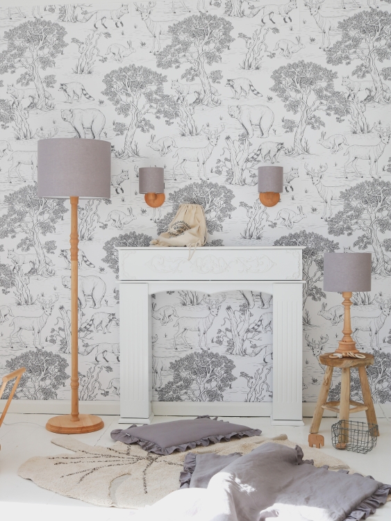 lampka stojąca drewniana liana szara w stylu vintage