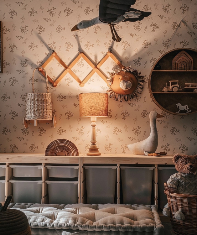 lampa stojąca drewniana lniana musztardowa