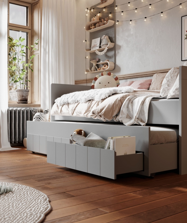 Łóżko 90x200 rozsuwane szare daybed pinio calmo