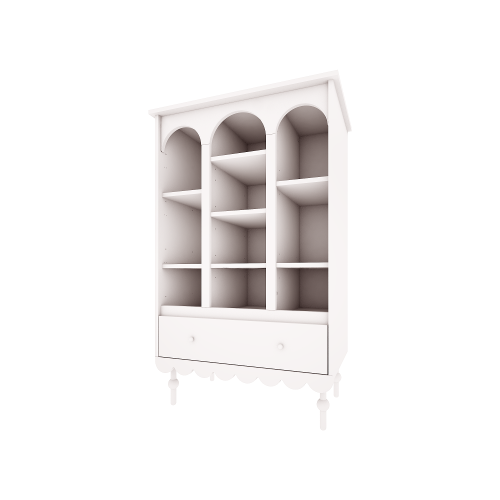 Biały regał retro Babushka z pojemnymi półkami i szufladą z samodomykiem. Funkcjonalny i elegancki mebel dziecięcy w stylu retro od Wood Luck Design.