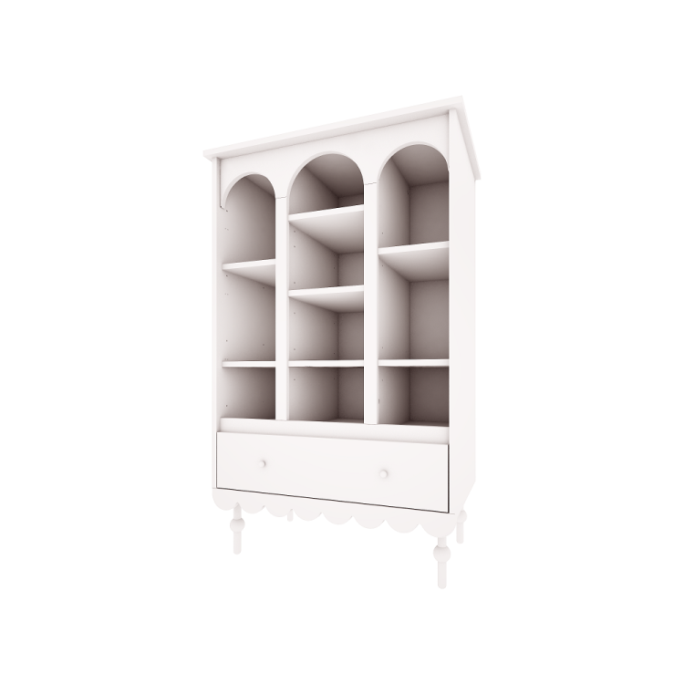 Biały regał retro Babushka z pojemnymi półkami i szufladą z samodomykiem. Funkcjonalny i elegancki mebel dziecięcy w stylu retro od Wood Luck Design.
