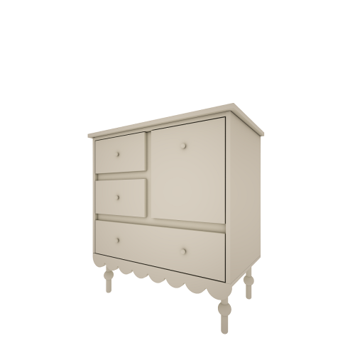 Niska oliwkowa komoda Babushka z szufladami i szafką w stylu retro. Funkcjonalna i bezpieczna komoda dziecięca od Wood Luck Design