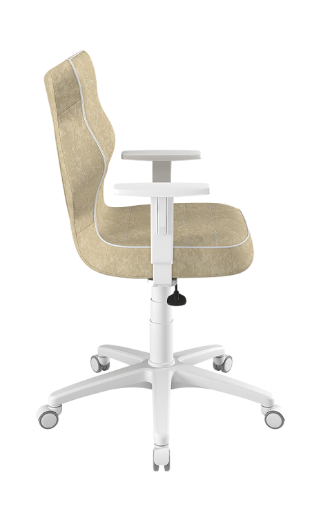 nowoczesne krzesło ergonomiczne z jasnobeżową tapicerką i białą lamówką