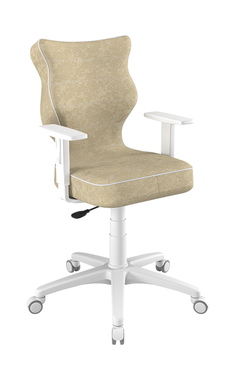 nowoczesne krzesło ergonomiczne z jasnobeżową tapicerką i białą lamówką