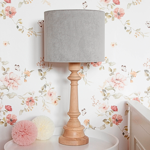lampa stojąca drewniana szara aksamitna welurowa