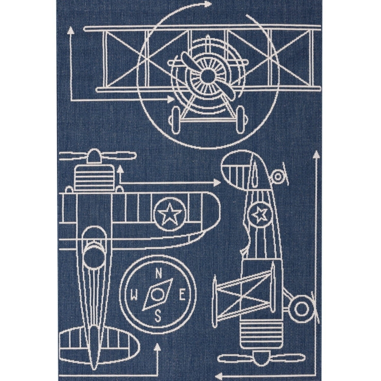 dywan dziecięcy Aeroplane Blue 120x170 cm w kolorze niebieskim z motywem samolotów, idealny do pokoju chłopca, antyalergiczny i łatwy w pielęgnacji