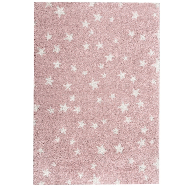 dywan dziecięcy Candy Stars Rose 120x170 cm w kolorze różowym z motywem białych gwiazdek, miękki i puszysty, idealny do pokoju dziewczynki