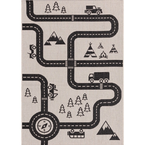 dywan dziecięcy Car Road 120x170 cm w kolorze kremowym z czarnym motywem jezdni, idealny do zabawy samochodzikami w pokoju chłopca