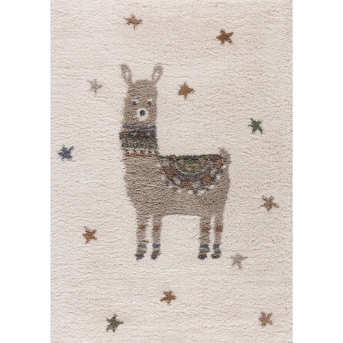 dywan dziecięcy Baby Lama 120x170 cm w kolorze kremowym z motywem wesołej lamy i gwiazdek, miękki i antyalergiczny, idealny do pokoju malucha