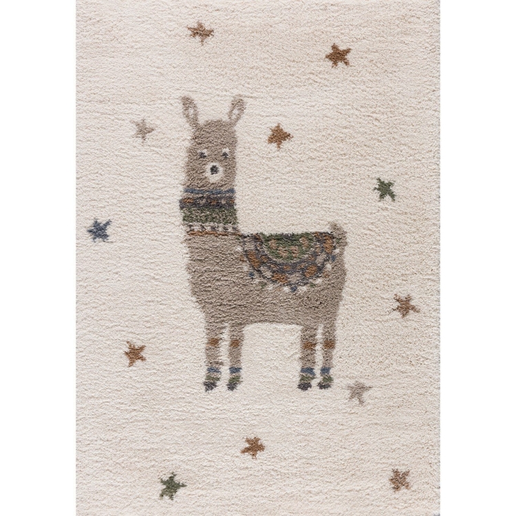 dywan dziecięcy Baby Lama 120x170 cm w kolorze kremowym z motywem wesołej lamy i gwiazdek, miękki i antyalergiczny, idealny do pokoju malucha