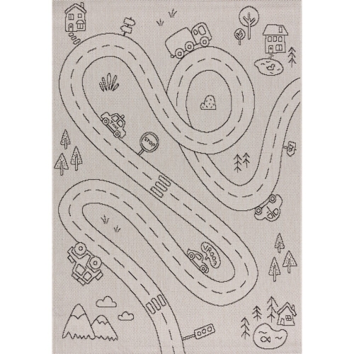 dywan dziecięcy Twisted Road 120x170 cm w kolorze beżowym z czarnym motywem drogi, idealny do pokoju chłopca, wytrzymały i bezpieczny