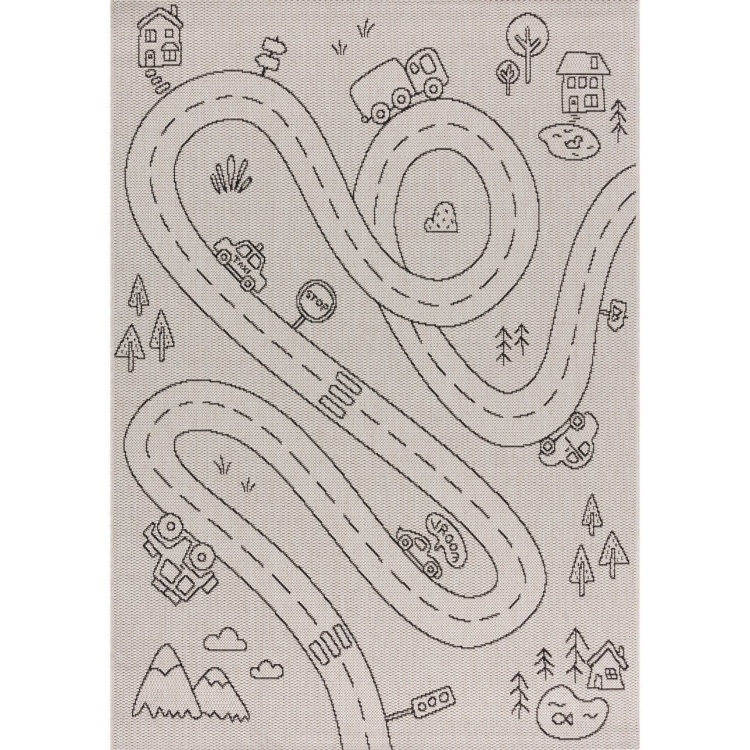 dywan dziecięcy Twisted Road 120x170 cm w kolorze beżowym z czarnym motywem drogi, idealny do pokoju chłopca, wytrzymały i bezpieczny