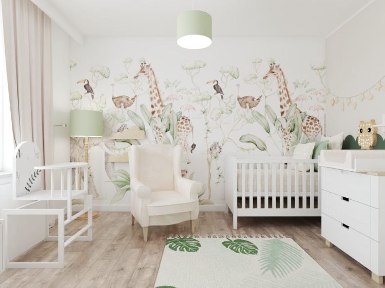 Tapeta Savanna Adventure – wzór sawanny z żyrafą, lwem i słoniem, Tapeta Savanna Adventure w pokoju dziecka – motyw afrykańskiej przygody, Detal tapety Savanna Adventure – flamingi na tle sawanny