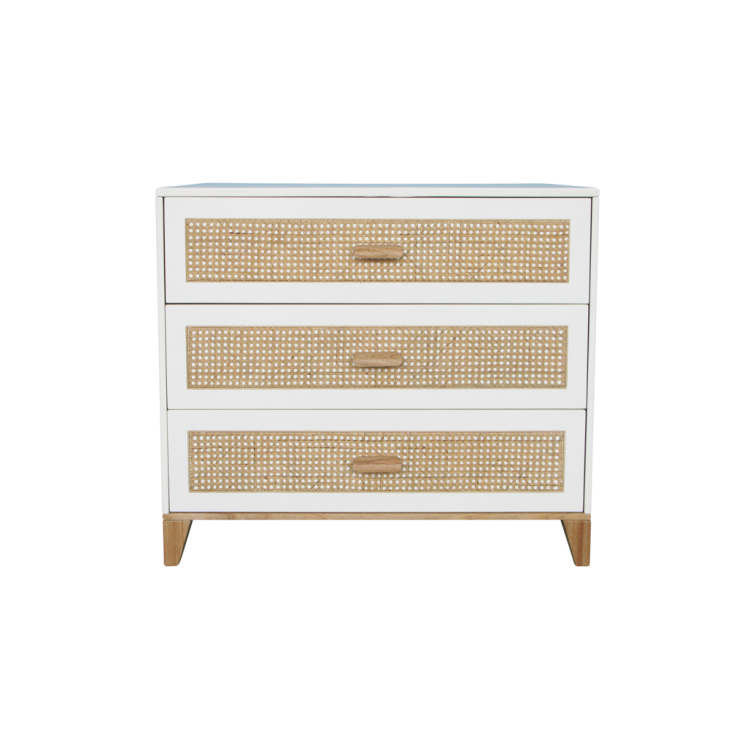 Komoda biała rattanowa - Neige Nami z trzema szufladami, mechanizmem cichego domyku i eleganckimi panelami rattanowymi.