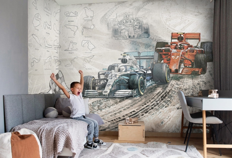 tapeta dla chłopca z samochodem torem wyścigowym formula 1