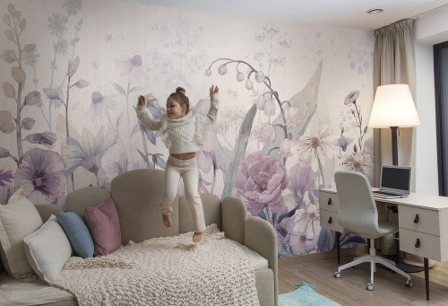 tapeta dla dziewczynki boho w wielkie fioletowe kwiaty