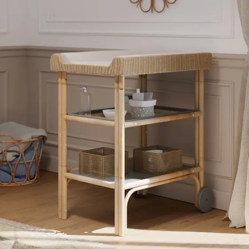 Przewijak wolnostojący rattanowy Silex Oceania, niebieski, mobilny, naturalny rattan, premium.