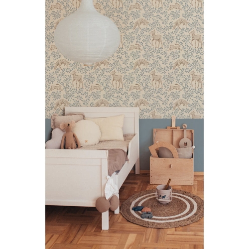 tapeta beżowa do pokoju dziecka w jelenie i zające w lesie vintage