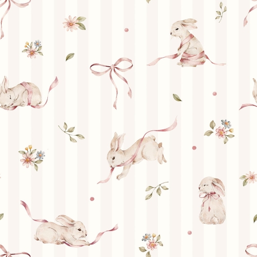 Tapeta w różowe paski i króliczki – Pink Rabbits on Stripes, ekologiczna, pastelowy róż z białymi króliczkami, 280x50 cm, idealna do pokoju noworodka.